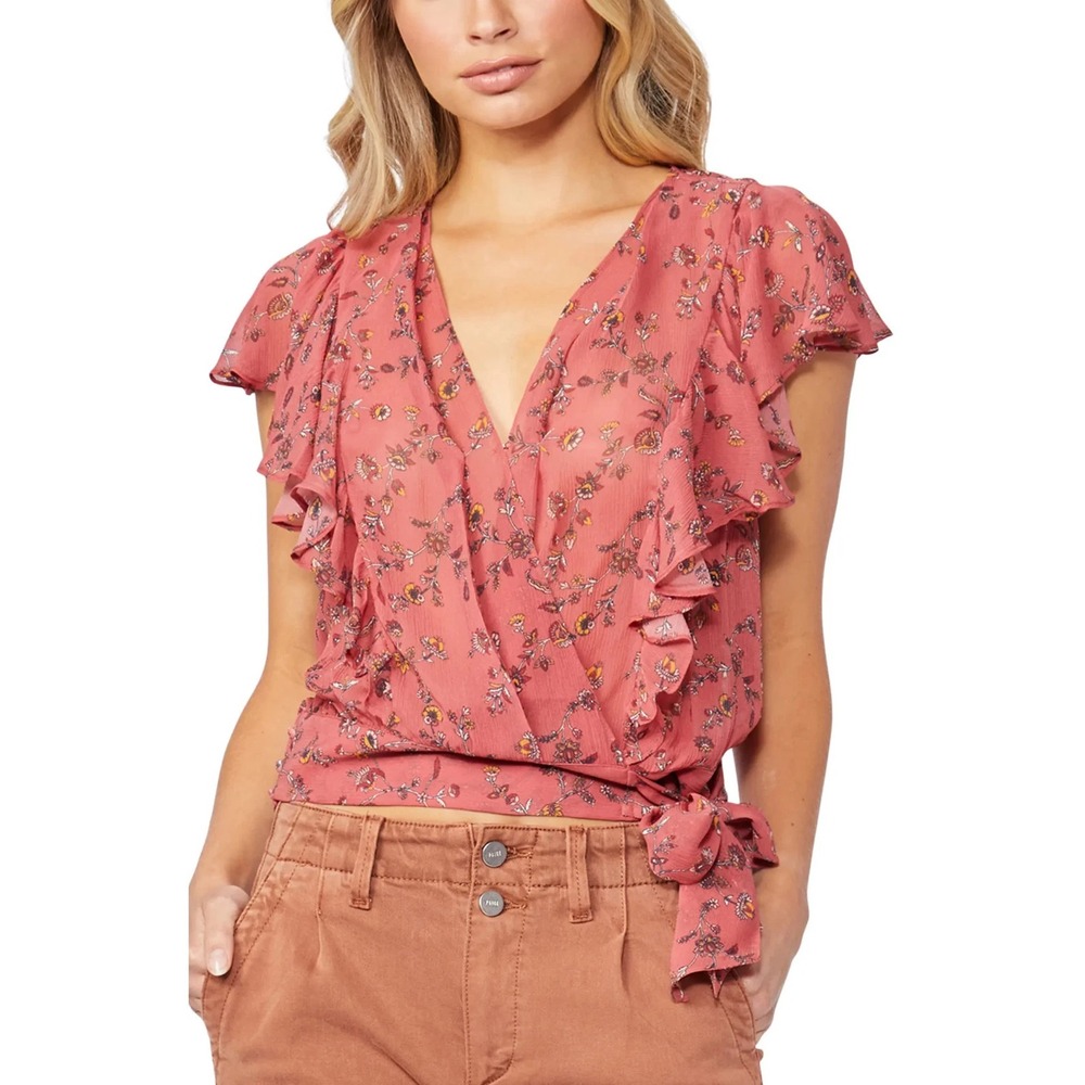 Paige Trista Floral Print Ruffle Silk Blouse, Rose Pink, Feminine, Size Small